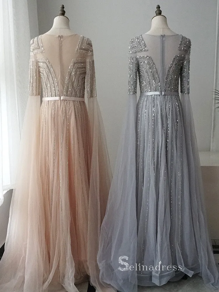Luxury A-line Scoop Long Sleeve Silver Sparkly Long Prom Dresses Evening Dresses ASB024