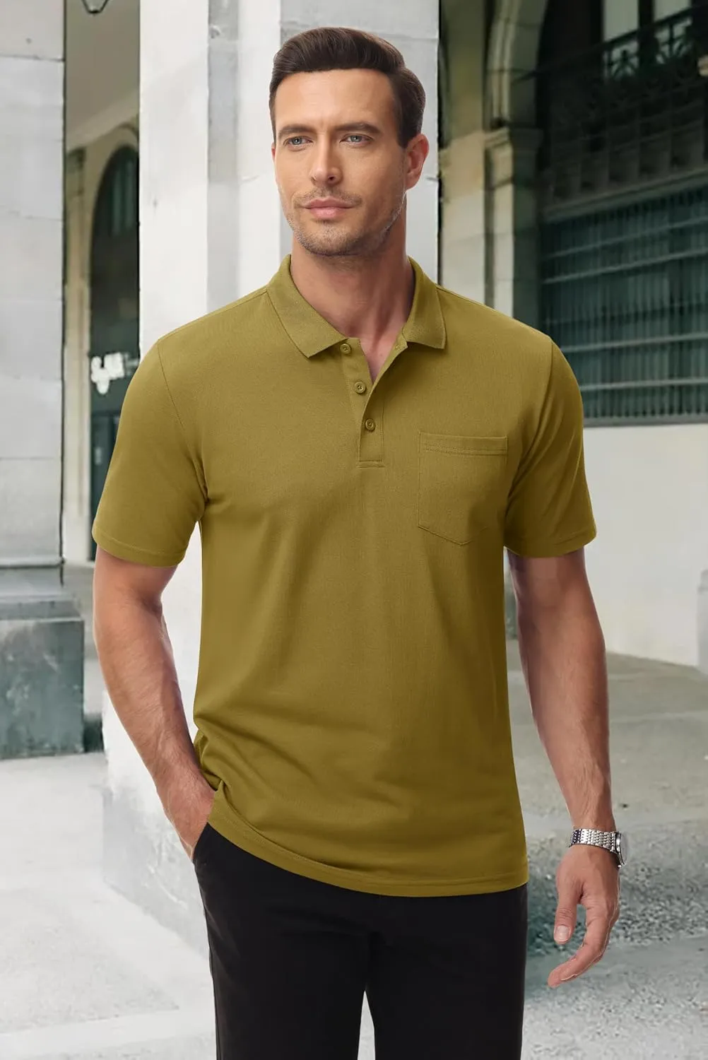 MAGCOMSEN Mens Polo Shirts with Pocket Cotton Pique Short Sleeve Collared Shirt Moisture Wicking Golf Shirts 3-Button Shirts