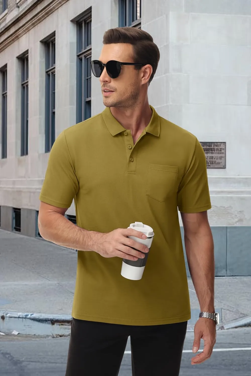MAGCOMSEN Mens Polo Shirts with Pocket Cotton Pique Short Sleeve Collared Shirt Moisture Wicking Golf Shirts 3-Button Shirts