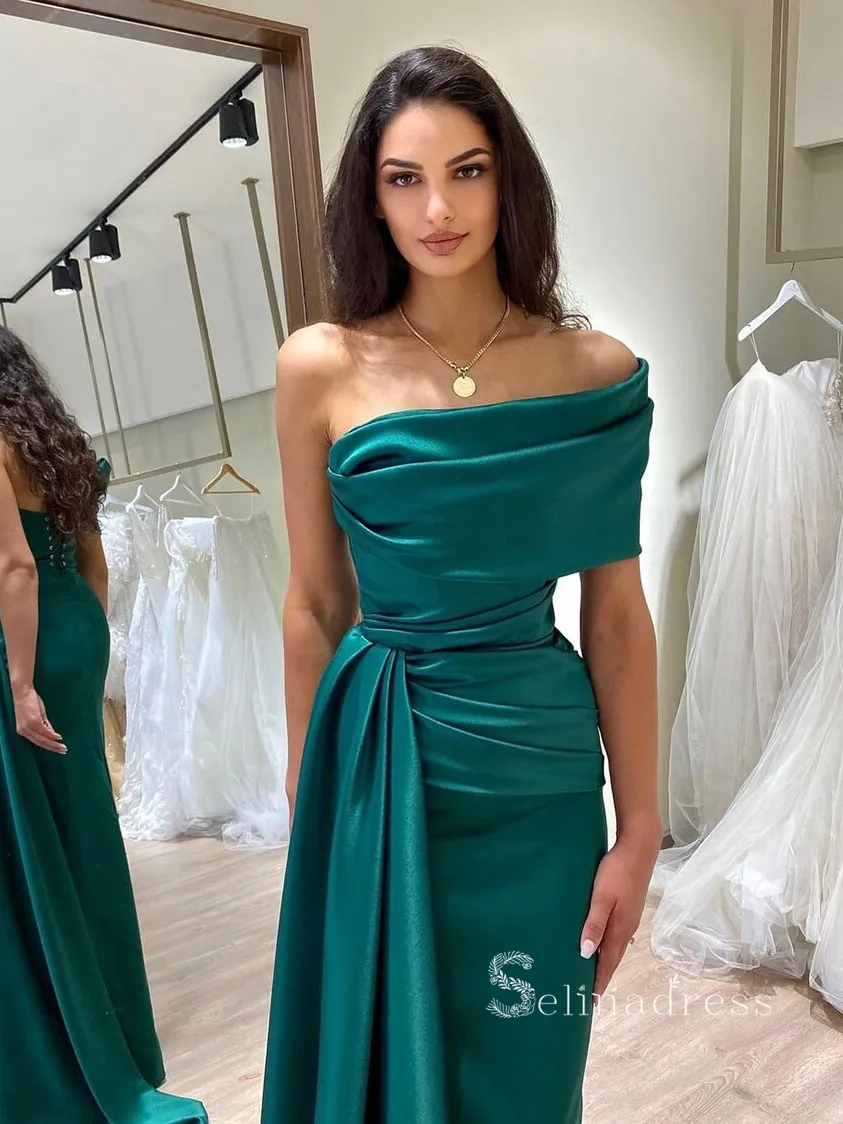 Mermaid One Shoulder Long Prom Dress Cheap Satin Ruffles Evening Dresses HLK018