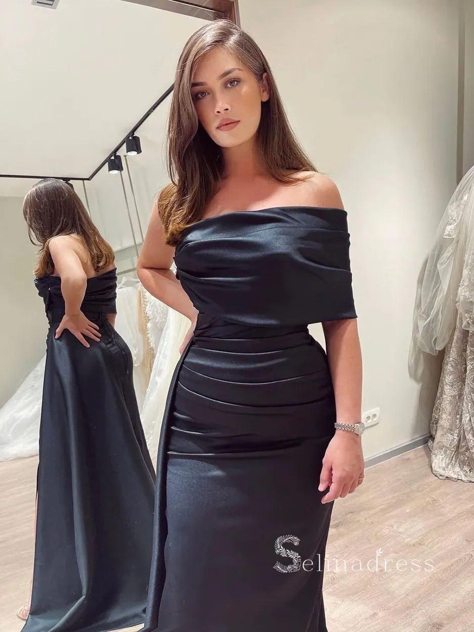 Mermaid One Shoulder Long Prom Dress Cheap Satin Ruffles Evening Dresses HLK018