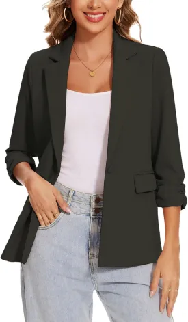 MINTLIMIT Womens Blazer 3/4 Ruched Sleeve Notch Lapel Business Work Blazers One Button Open Front Casual Jackets with Pockets
