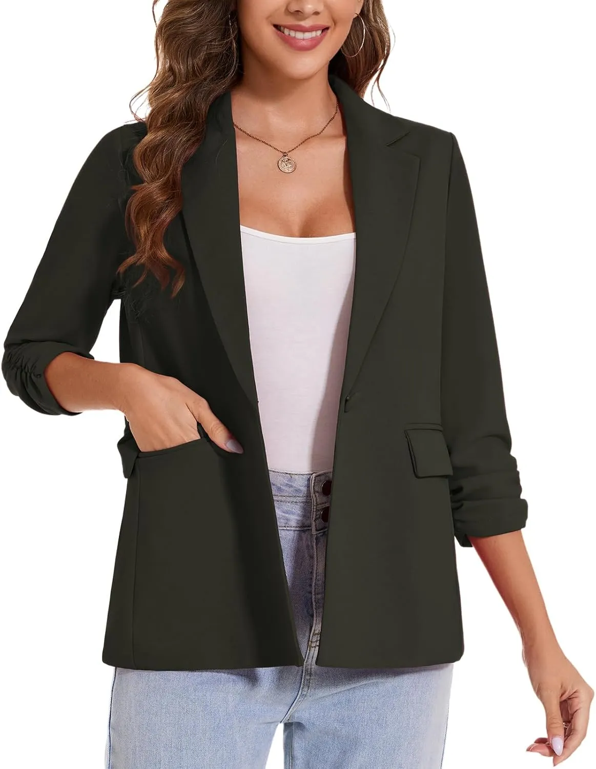 MINTLIMIT Womens Blazer 3/4 Ruched Sleeve Notch Lapel Business Work Blazers One Button Open Front Casual Jackets with Pockets