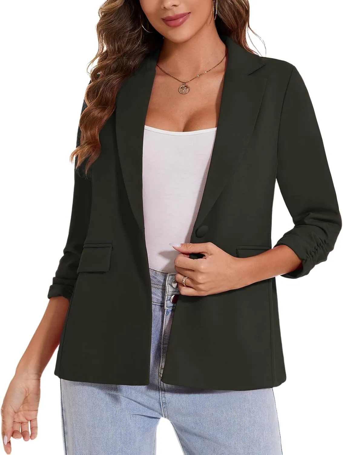 MINTLIMIT Womens Blazer 3/4 Ruched Sleeve Notch Lapel Business Work Blazers One Button Open Front Casual Jackets with Pockets