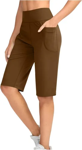 NaRHbrg Women's Bermuda Long Shorts with Pockets High Waisted Athletic Knee Length Short for Running Workout Athletic Yoga