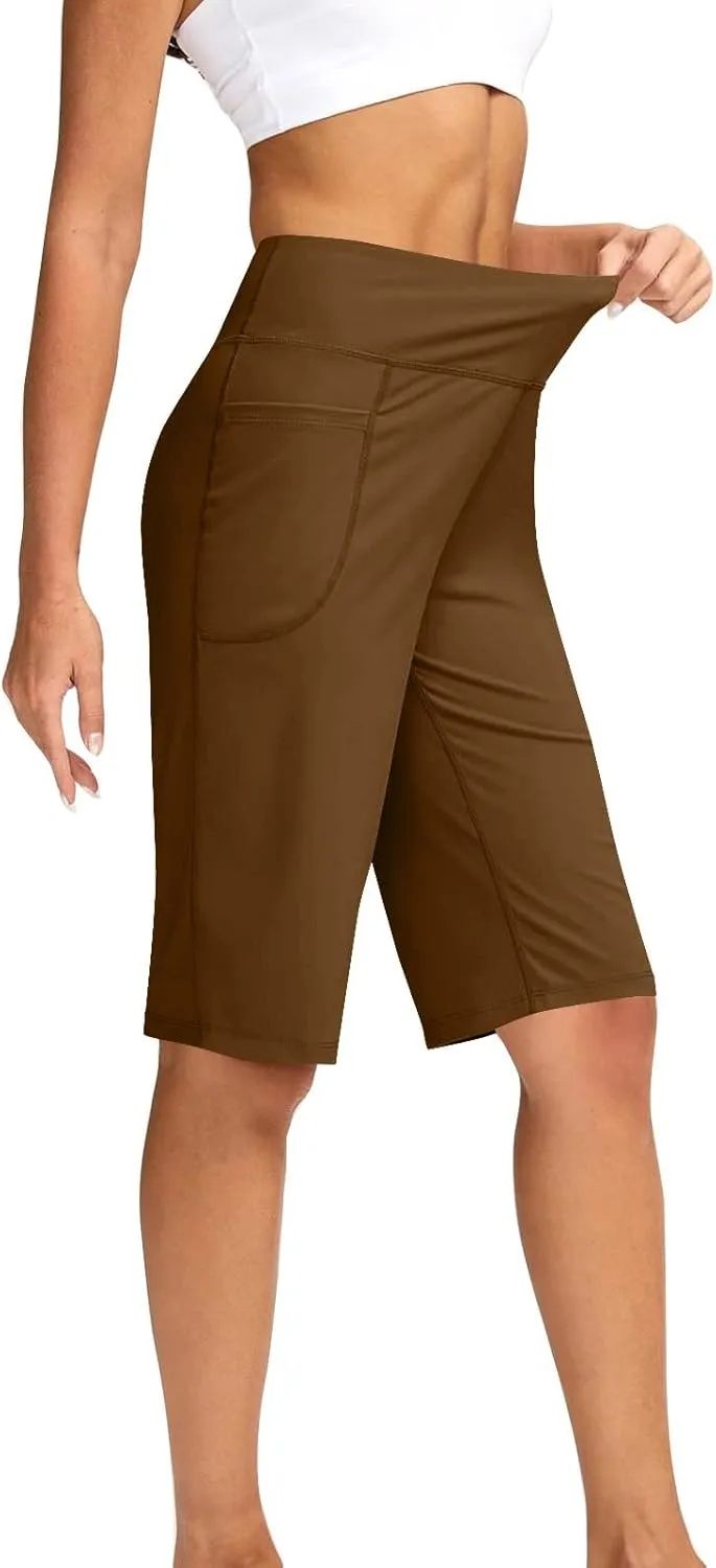 NaRHbrg Women's Bermuda Long Shorts with Pockets High Waisted Athletic Knee Length Short for Running Workout Athletic Yoga