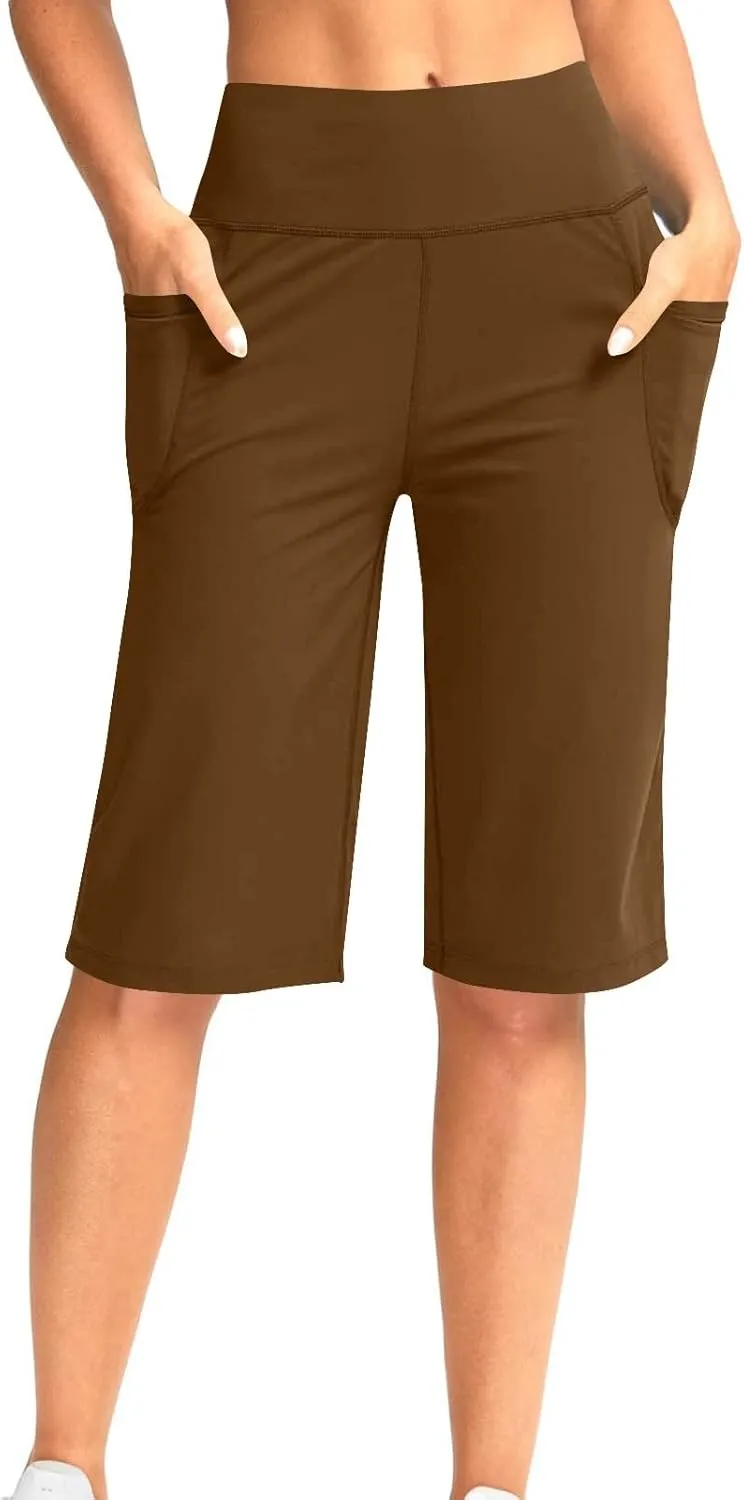 NaRHbrg Women's Bermuda Long Shorts with Pockets High Waisted Athletic Knee Length Short for Running Workout Athletic Yoga