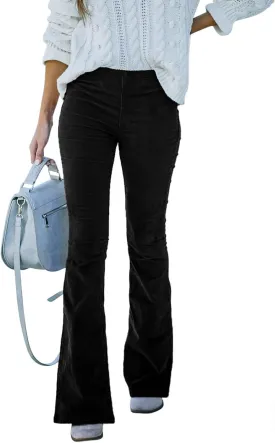 ODIZLI Women Corduroy Flare Pants Elastic Waist Bell Bottom Trousers Solid Color with Pockets