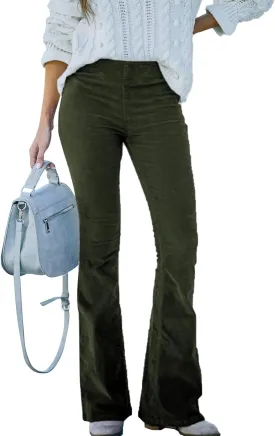 ODIZLI Women Corduroy Flare Pants Elastic Waist Bell Bottom Trousers Solid Color with Pockets