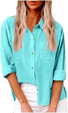 Oversized Linen Shirts Women Button Down V Neck Long Sleeve Casual Summer Tops with Pockets Beach Blouses