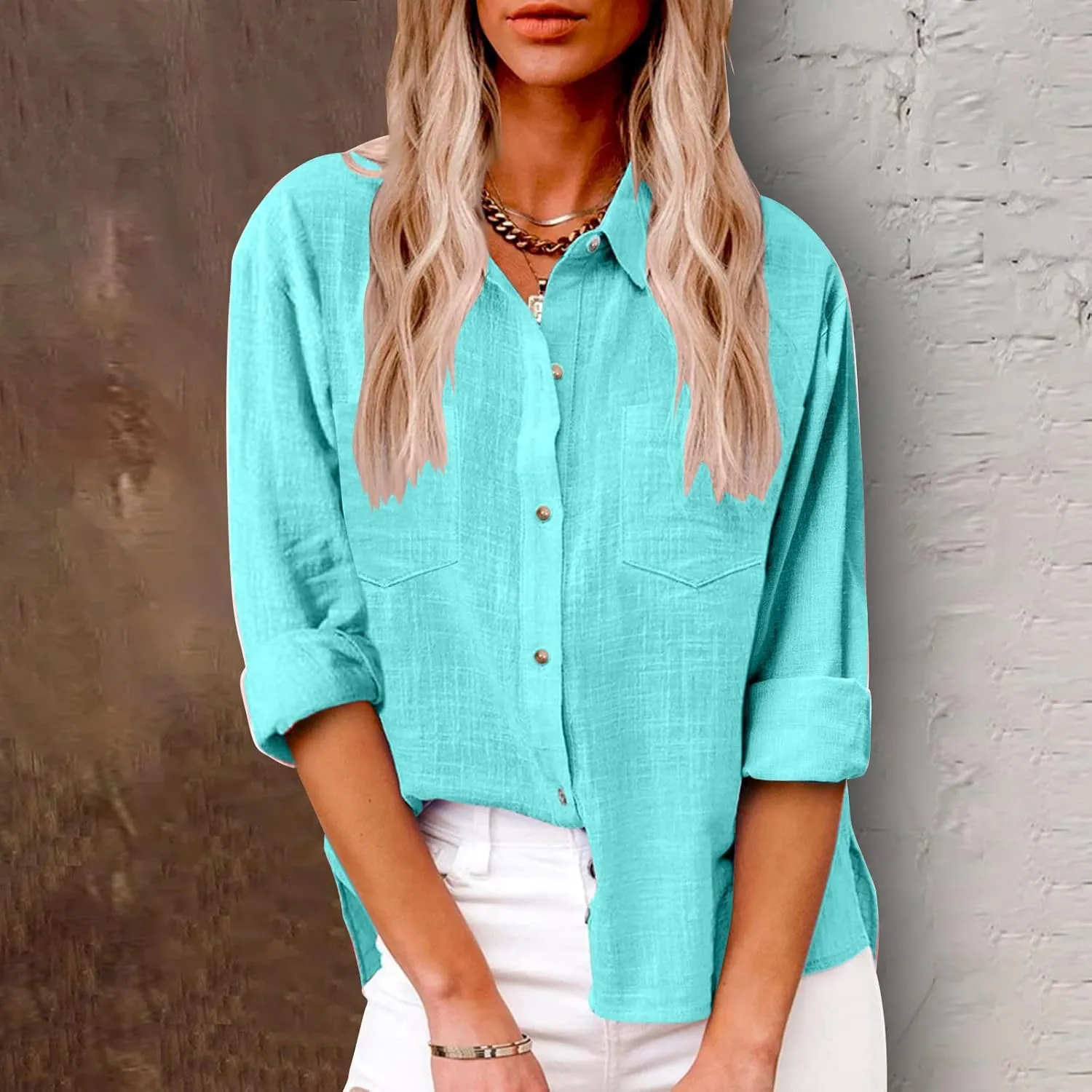 Oversized Linen Shirts Women Button Down V Neck Long Sleeve Casual Summer Tops with Pockets Beach Blouses