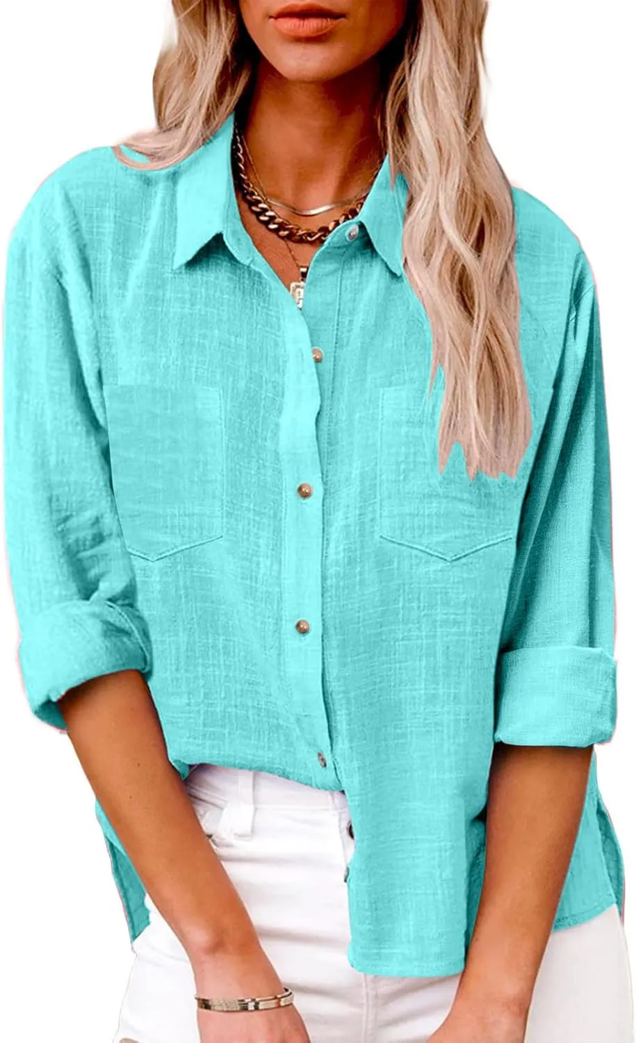 Oversized Linen Shirts Women Button Down V Neck Long Sleeve Casual Summer Tops with Pockets Beach Blouses