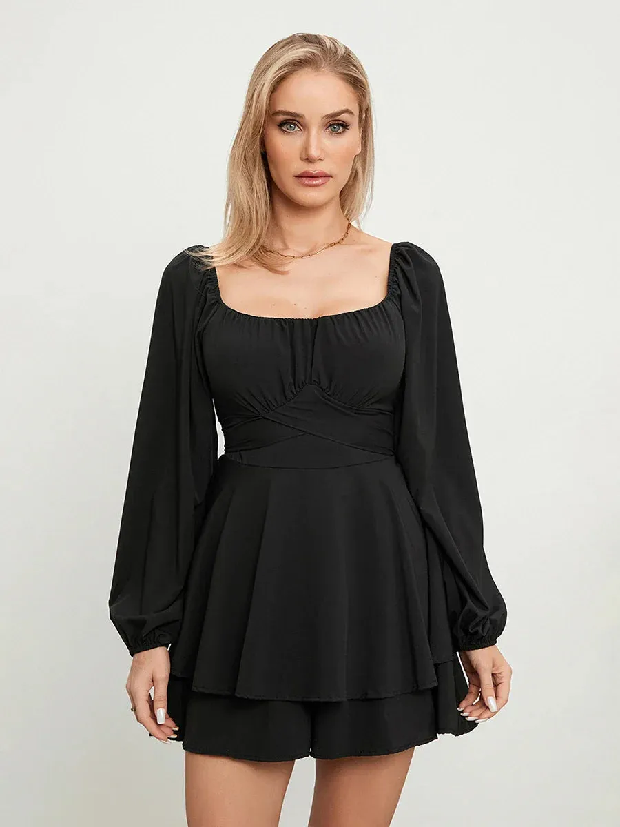 Ruffle Dress Square Neckline Lantern Sleeve Ruched Multi-Layered Summer Vintage Romper