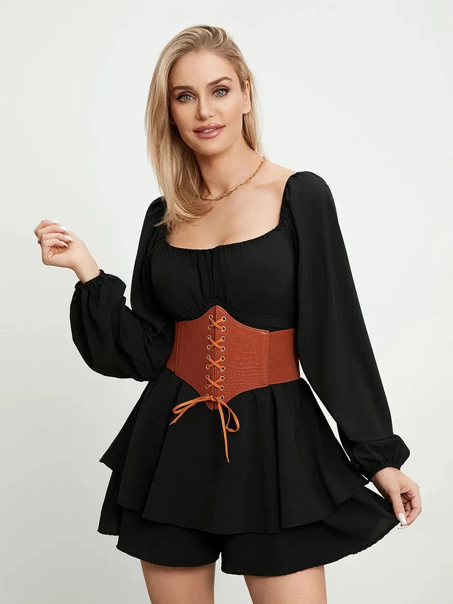 Ruffle Dress Square Neckline Lantern Sleeve Ruched Multi-Layered Summer Vintage Romper