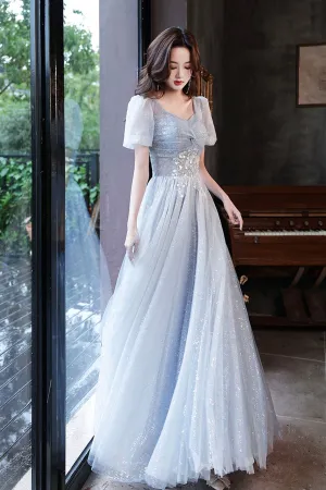 solvbao Blue Tulle Long  A-Line Formal Dresses, Shiny V-Neck Evening Dresses