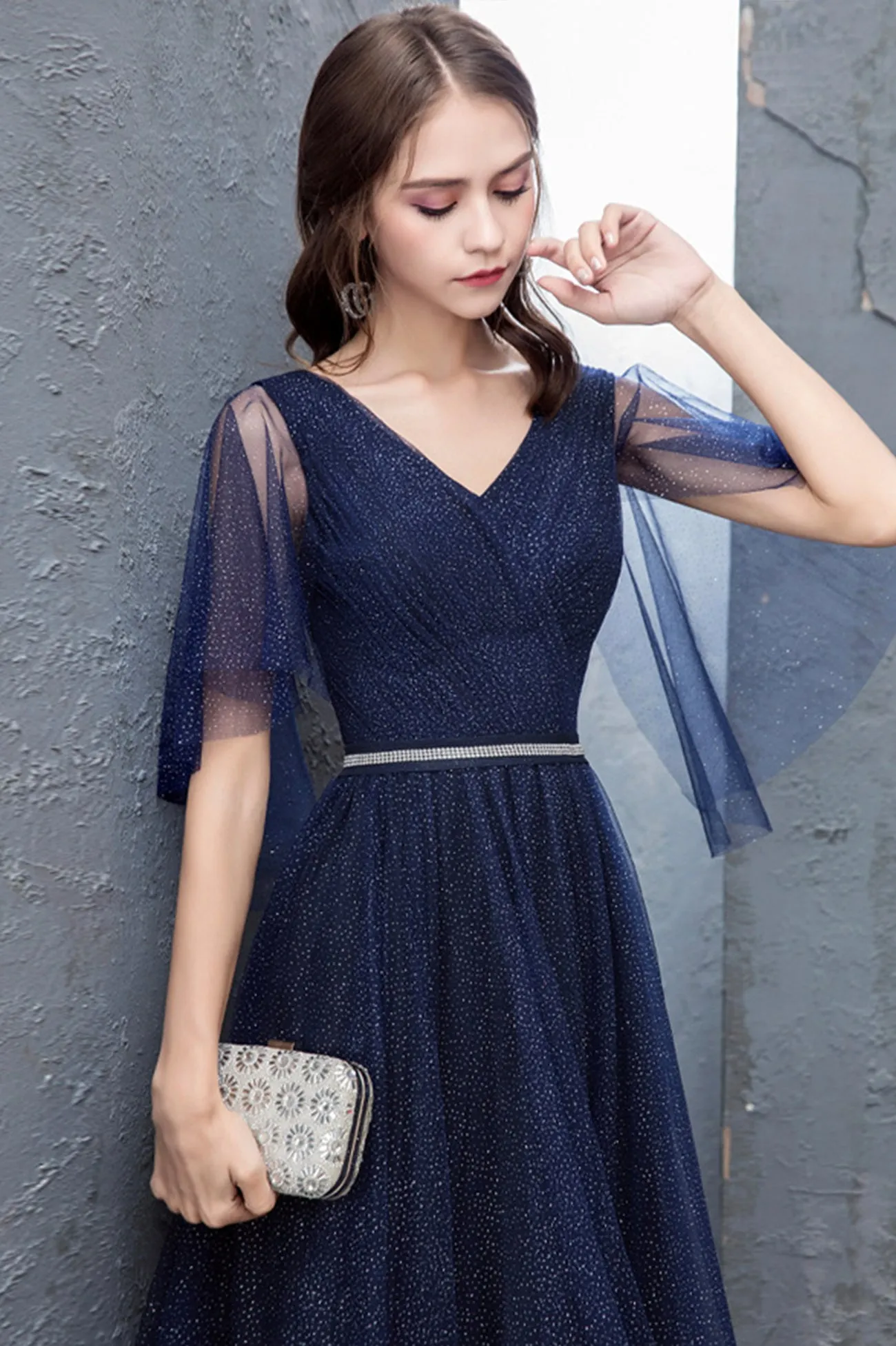 solvbao Blue V-Neck Tulle Long Prom Dresses, A-Line Evening Dresses
