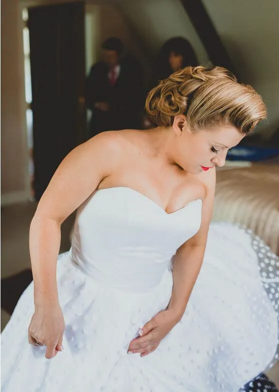 Strapless White Polka Dot Short Wedding Dress for Older Brides,20111548