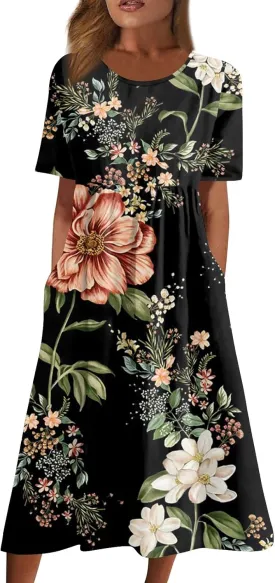 Summer Dresses for Women 2025 Casual Short Sleeve Scoop Neck Print Swing Beach Boho Tshirt Dress with Pockets