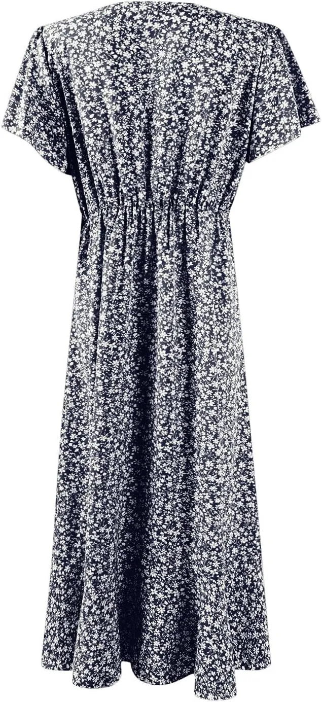Summer Dresses for Women 2025 Casual V Neck Short Sleeve Floral Midi Dress Tie Waist Ruffle Boho Cute Summer Dress