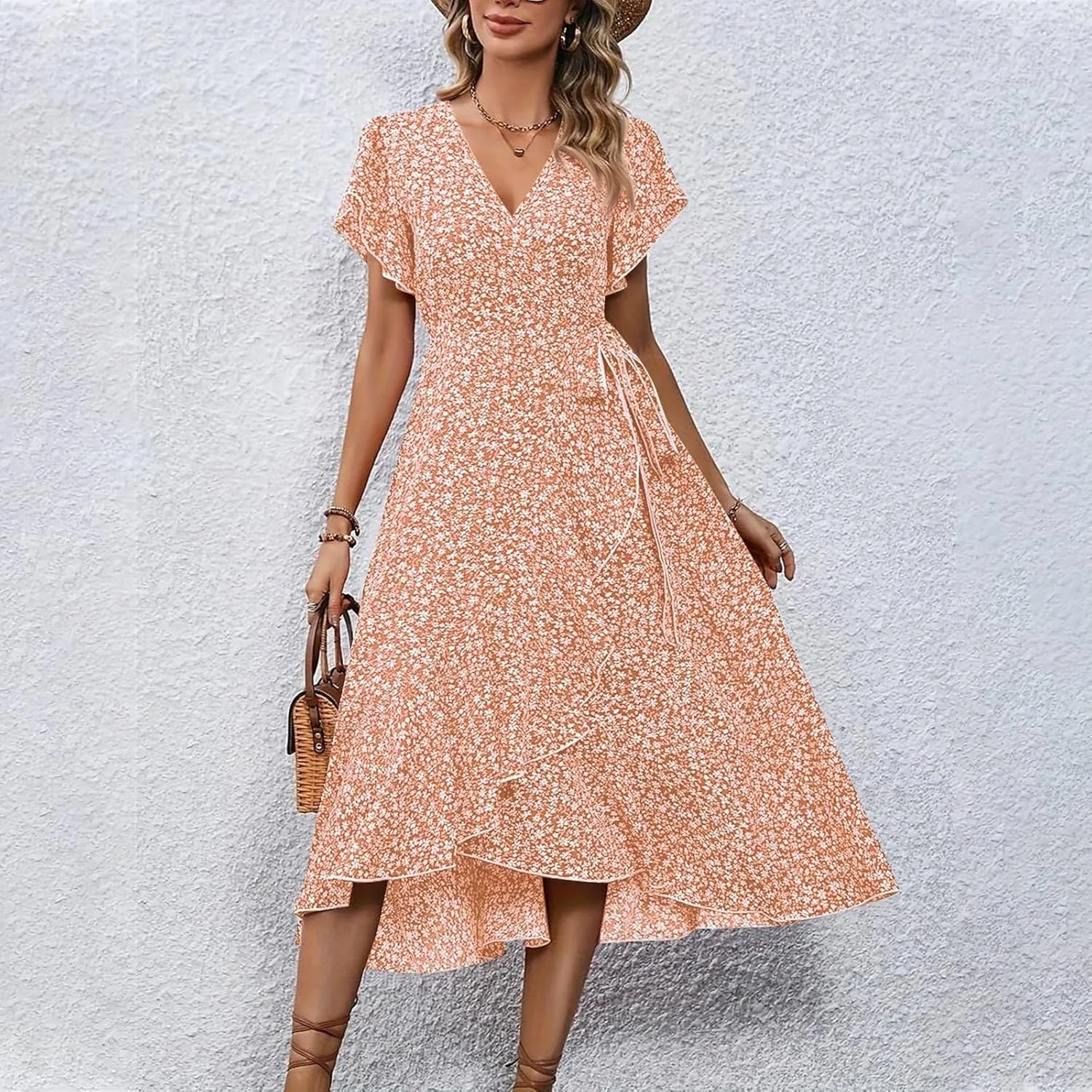 Summer Dresses for Women 2025 Casual V Neck Short Sleeve Floral Midi Dress Tie Waist Ruffle Boho Cute Summer Dress