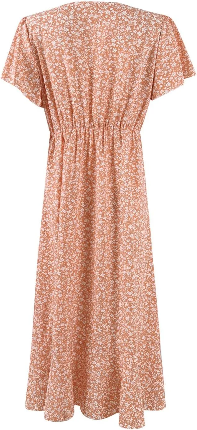 Summer Dresses for Women 2025 Casual V Neck Short Sleeve Floral Midi Dress Tie Waist Ruffle Boho Cute Summer Dress