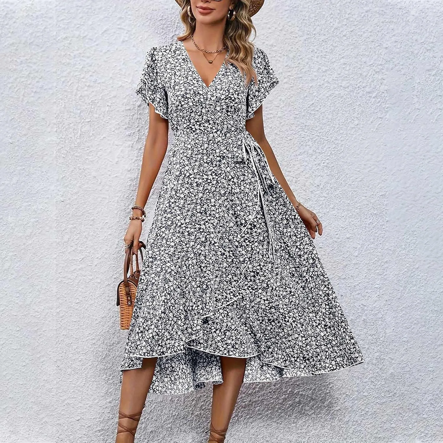 Summer Dresses for Women 2025 Casual V Neck Short Sleeve Floral Midi Dress Tie Waist Ruffle Boho Cute Summer Dress