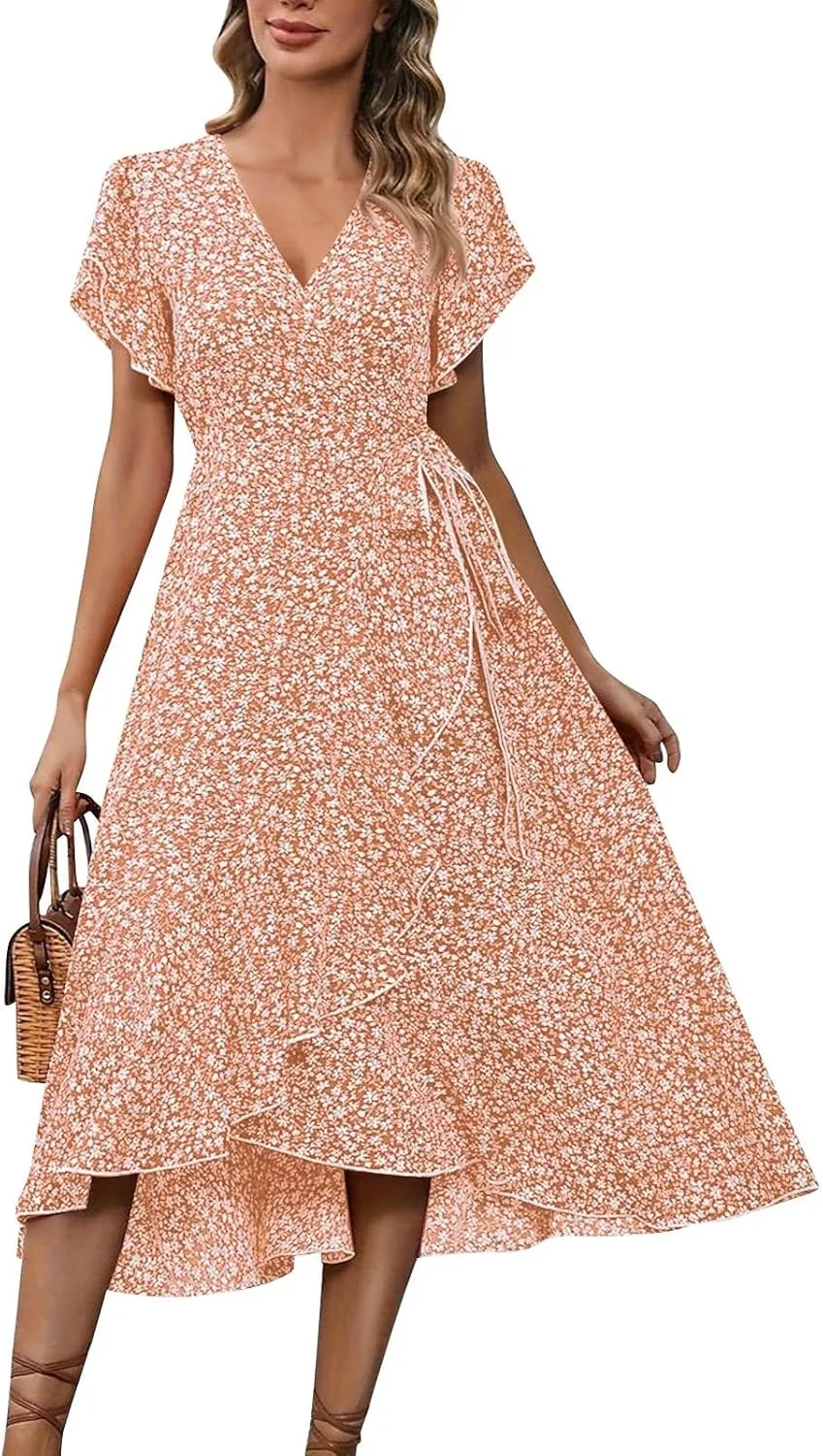 Summer Dresses for Women 2025 Casual V Neck Short Sleeve Floral Midi Dress Tie Waist Ruffle Boho Cute Summer Dress