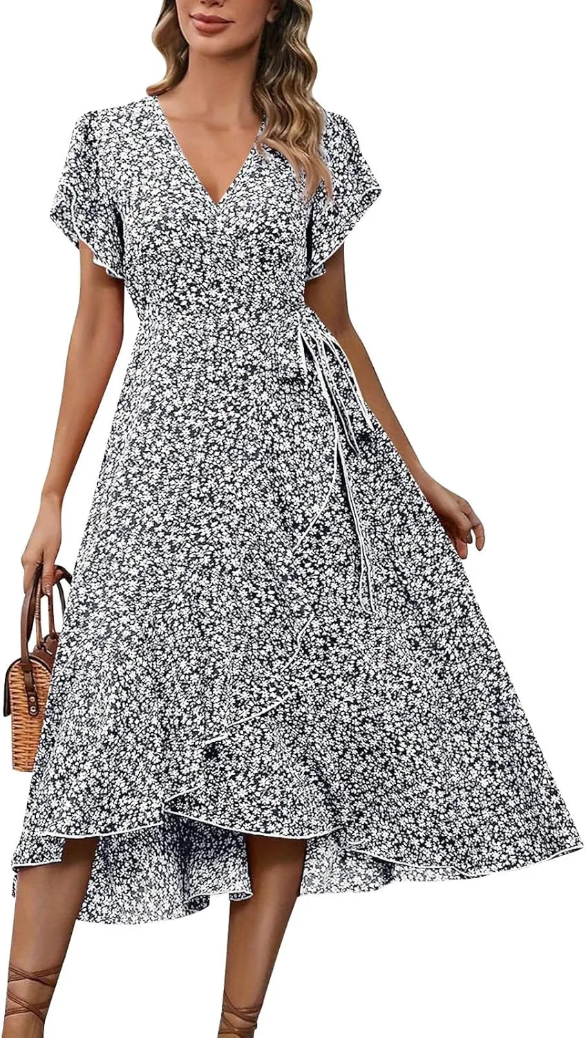 Summer Dresses for Women 2025 Casual V Neck Short Sleeve Floral Midi Dress Tie Waist Ruffle Boho Cute Summer Dress