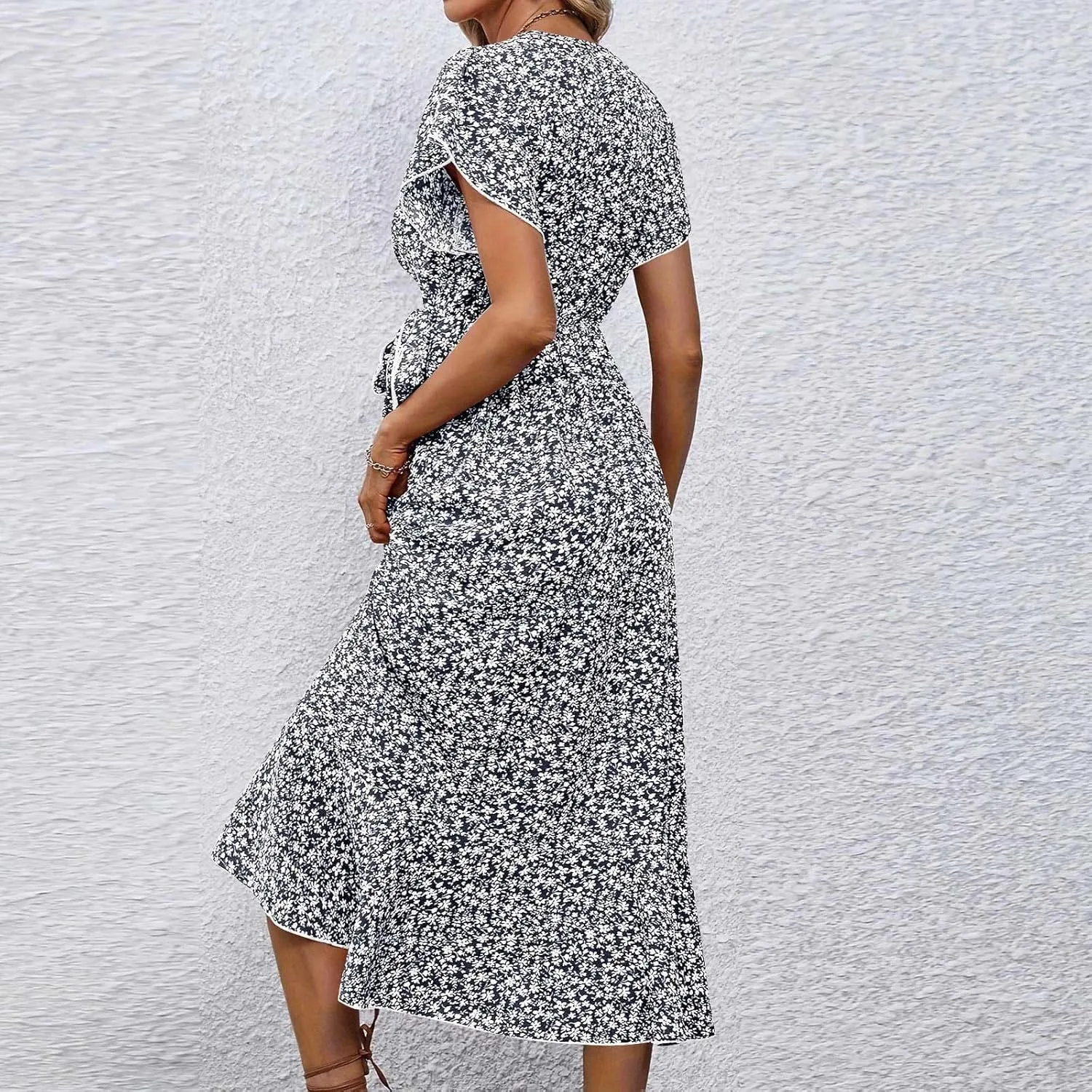 Summer Dresses for Women 2025 Casual V Neck Short Sleeve Floral Midi Dress Tie Waist Ruffle Boho Cute Summer Dress