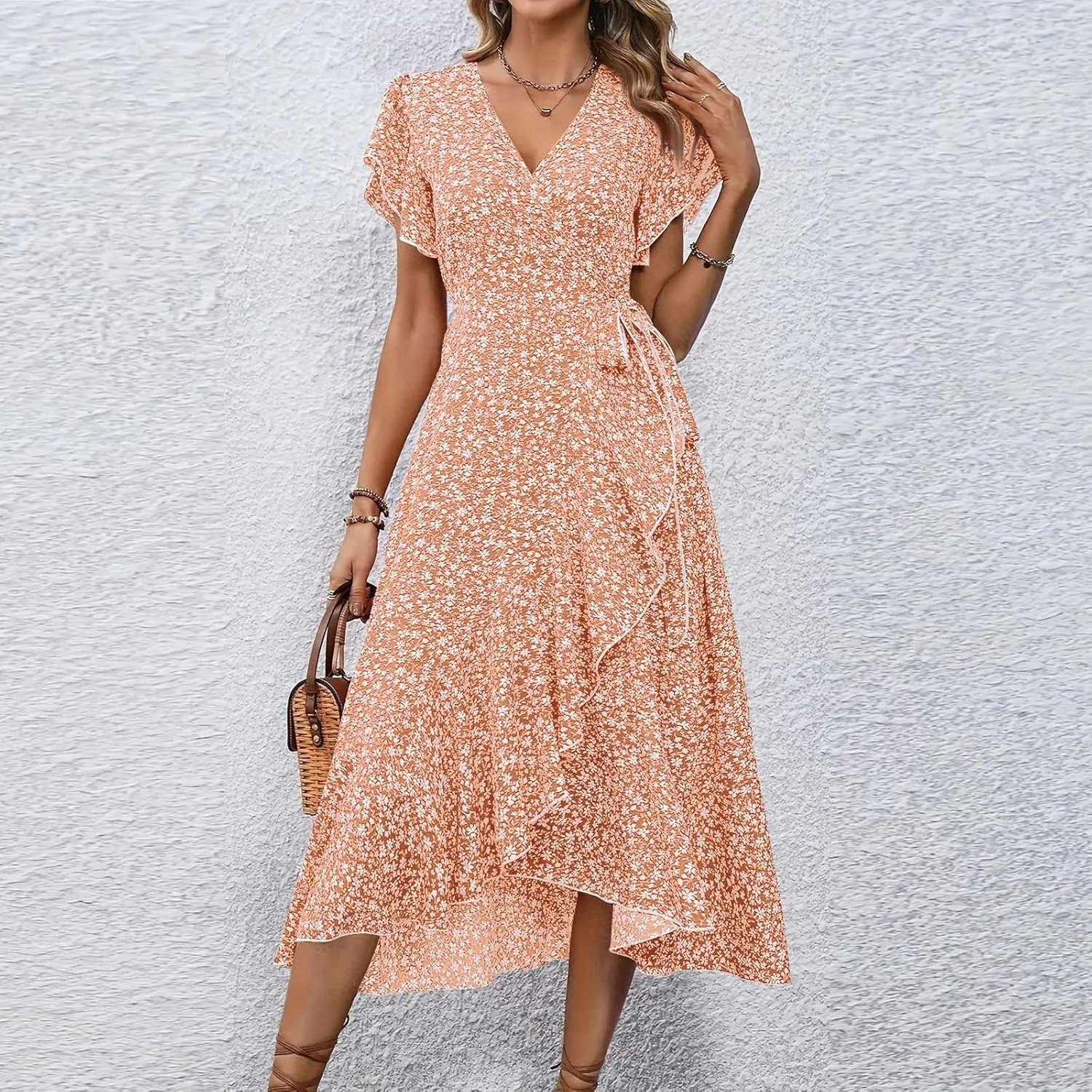 Summer Dresses for Women 2025 Casual V Neck Short Sleeve Floral Midi Dress Tie Waist Ruffle Boho Cute Summer Dress