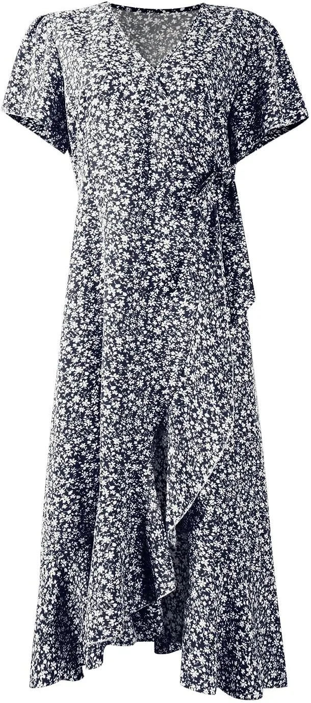 Summer Dresses for Women 2025 Casual V Neck Short Sleeve Floral Midi Dress Tie Waist Ruffle Boho Cute Summer Dress