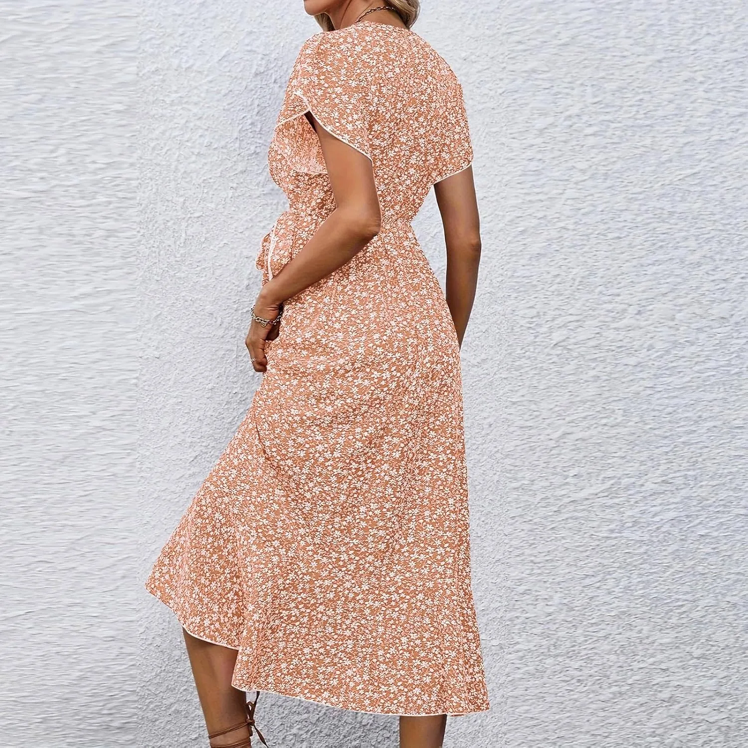 Summer Dresses for Women 2025 Casual V Neck Short Sleeve Floral Midi Dress Tie Waist Ruffle Boho Cute Summer Dress