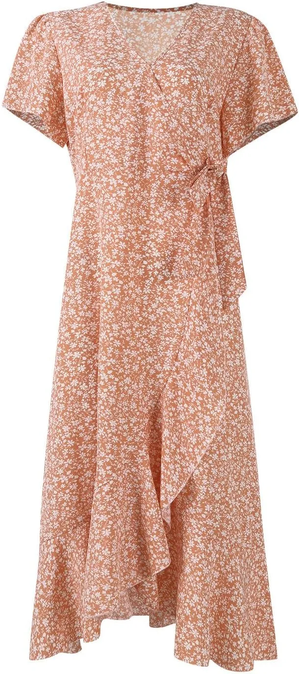 Summer Dresses for Women 2025 Casual V Neck Short Sleeve Floral Midi Dress Tie Waist Ruffle Boho Cute Summer Dress