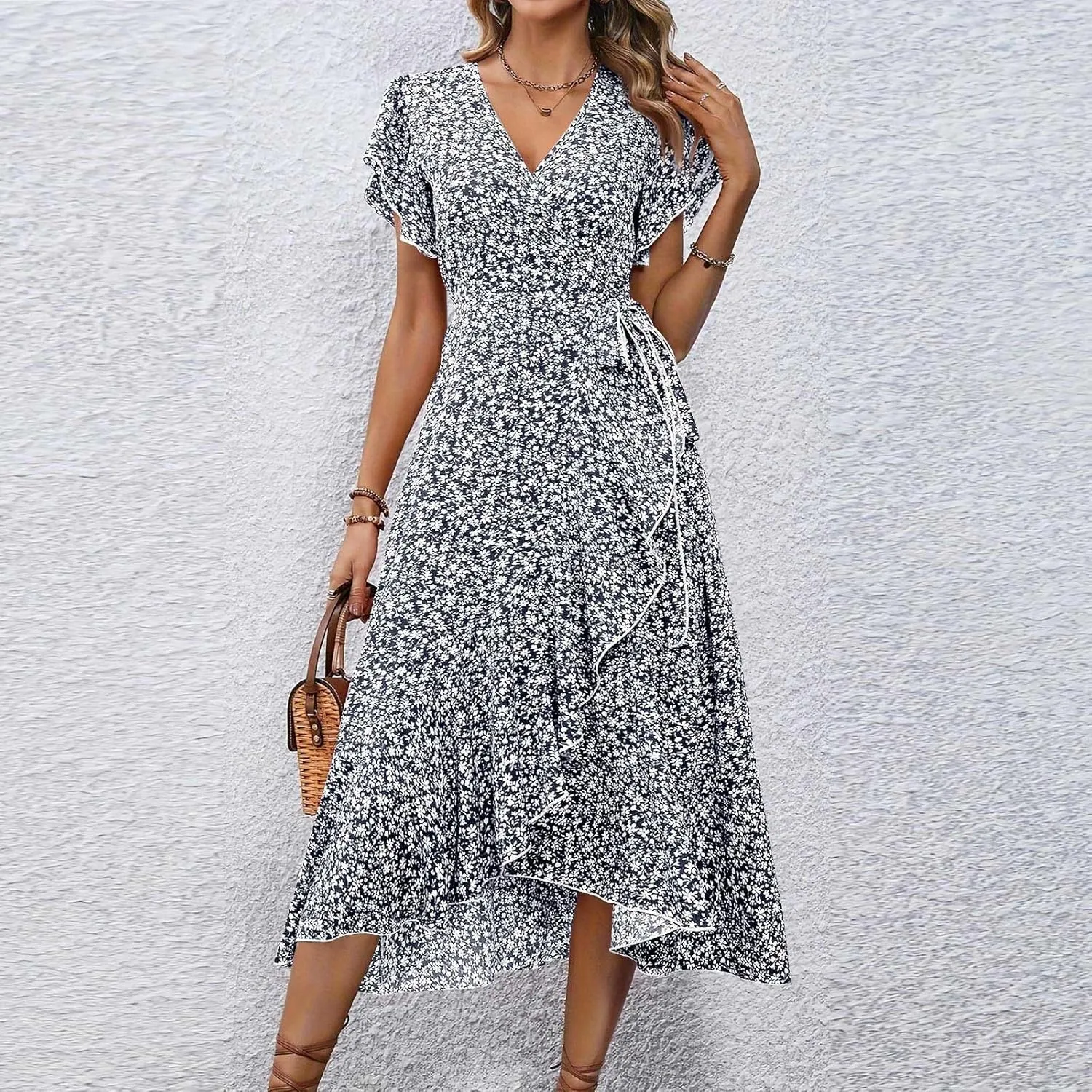 Summer Dresses for Women 2025 Casual V Neck Short Sleeve Floral Midi Dress Tie Waist Ruffle Boho Cute Summer Dress