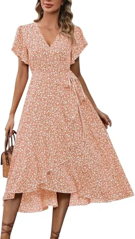 Summer Dresses for Women 2025 Casual V Neck Short Sleeve Floral Midi Dress Tie Waist Ruffle Boho Cute Summer Dress