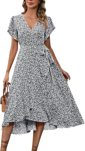 Summer Dresses for Women 2025 Casual V Neck Short Sleeve Floral Midi Dress Tie Waist Ruffle Boho Cute Summer Dress