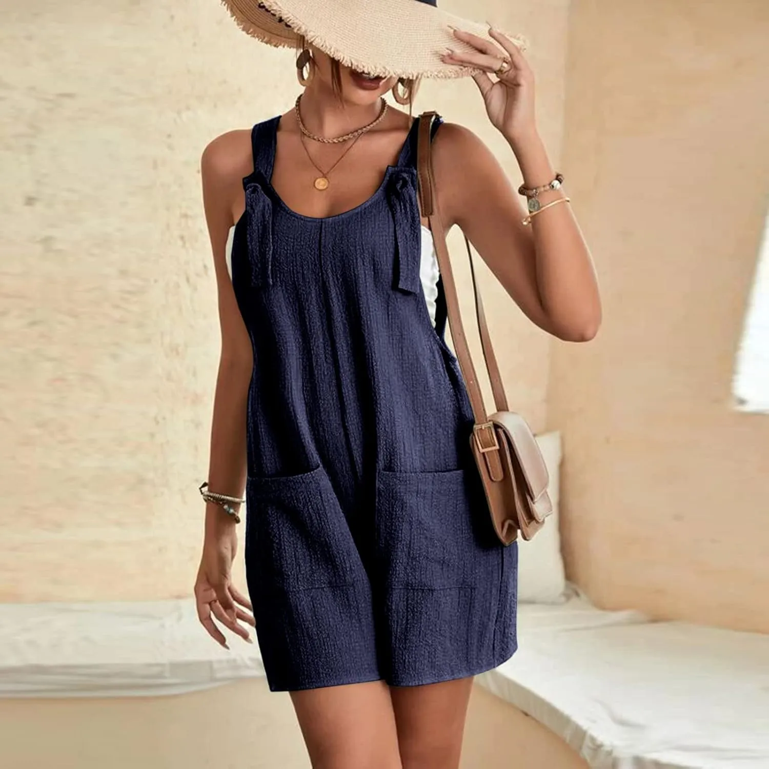 Summer Jumpsuits for Women 2025 Casual Sleeveless Short Overalls Loose Fit Adjustable Straps Rompers with Pockets