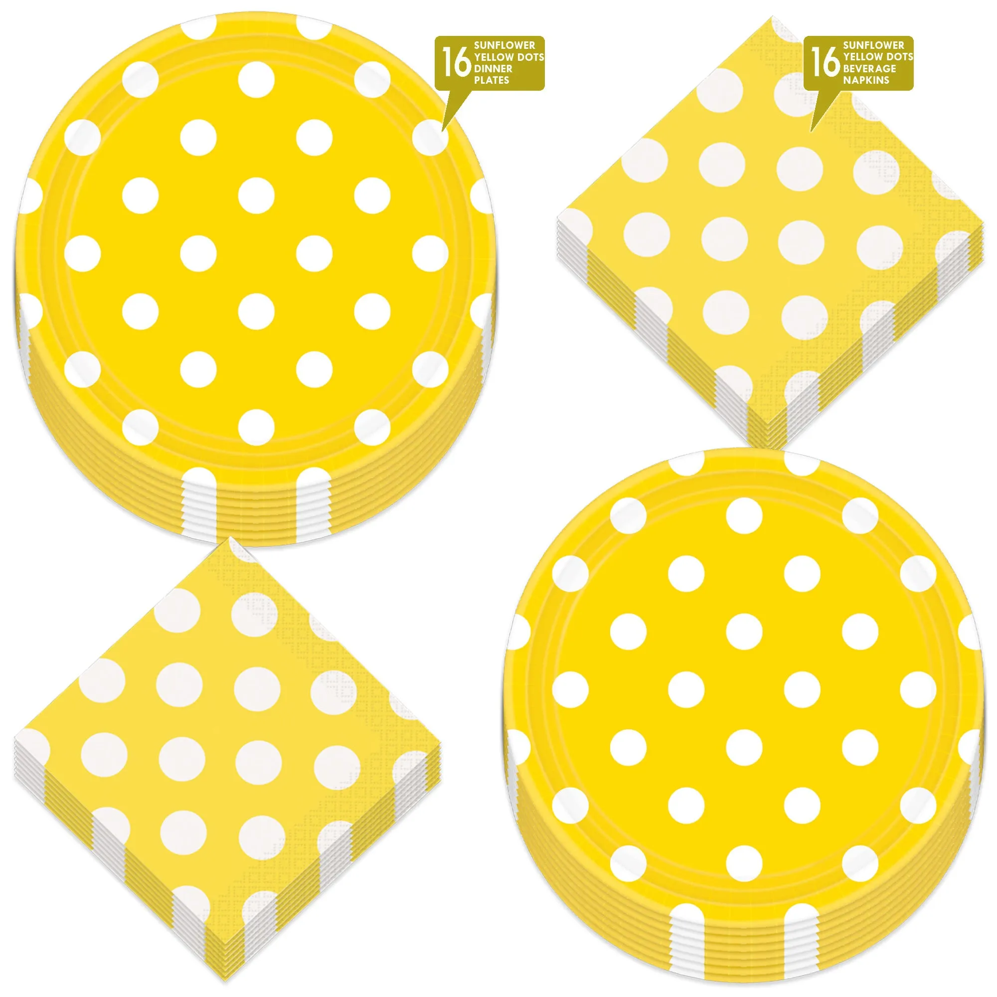 Sunflower Yellow Polka Dot Paper Dinner Plates and Beverage Napkins (Serves 16)