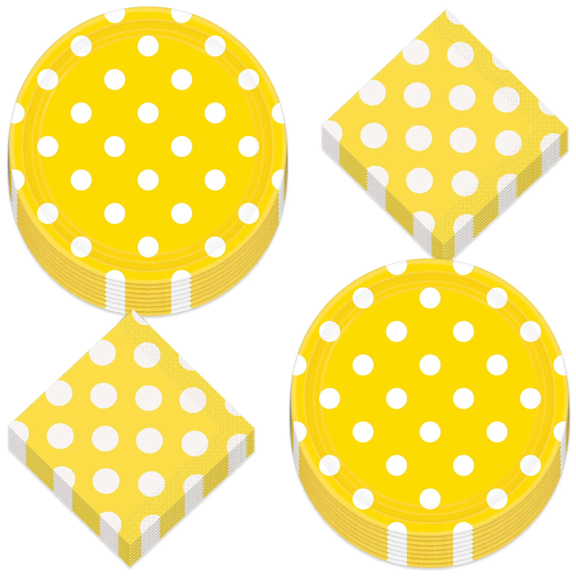 Sunflower Yellow Polka Dot Paper Dinner Plates and Beverage Napkins (Serves 16)