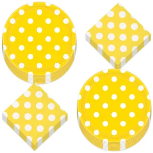 Sunflower Yellow Polka Dot Paper Dinner Plates and Beverage Napkins (Serves 16)