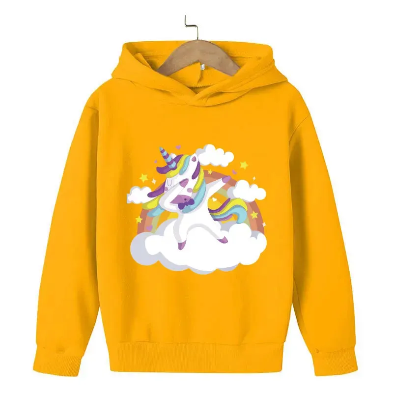 Unicorn Cartoon 2D Pattern Printing 2024 Children Girl Hooded Tops fit 4-14 years old kid Girls Causal Style Fashion Hoodies