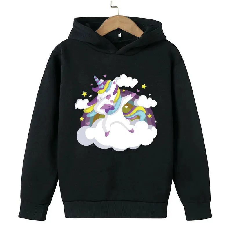 Unicorn Cartoon 2D Pattern Printing 2024 Children Girl Hooded Tops fit 4-14 years old kid Girls Causal Style Fashion Hoodies