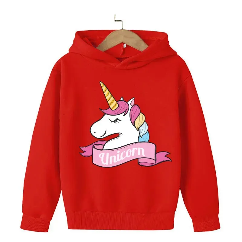 Unicorn Cartoon 2D Pattern Printing 2024 Children Girl Hooded Tops fit 4-14 years old kid Girls Causal Style Fashion Hoodies