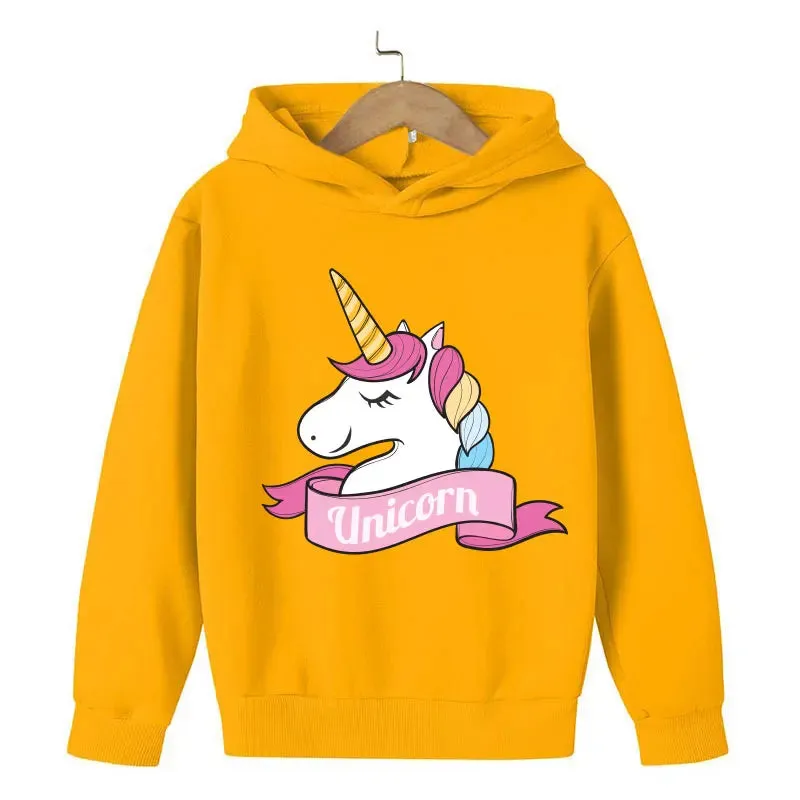 Unicorn Cartoon 2D Pattern Printing 2024 Children Girl Hooded Tops fit 4-14 years old kid Girls Causal Style Fashion Hoodies