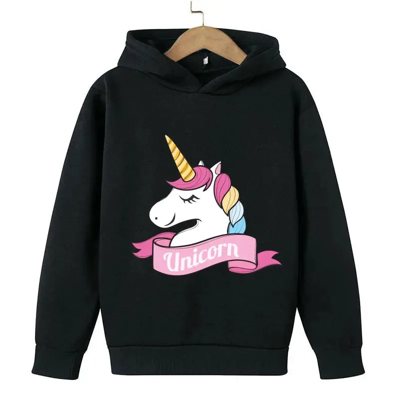 Unicorn Cartoon 2D Pattern Printing 2024 Children Girl Hooded Tops fit 4-14 years old kid Girls Causal Style Fashion Hoodies