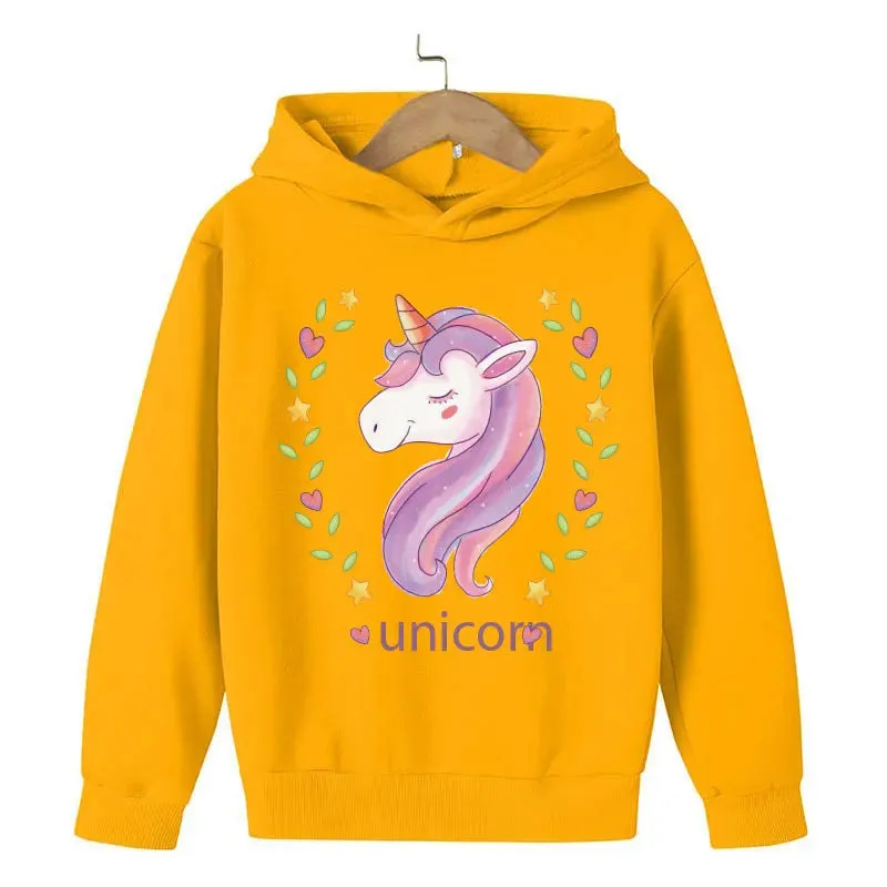Unicorn Cartoon 2D Pattern Printing 2024 Children Girl Hooded Tops fit 4-14 years old kid Girls Causal Style Fashion Hoodies