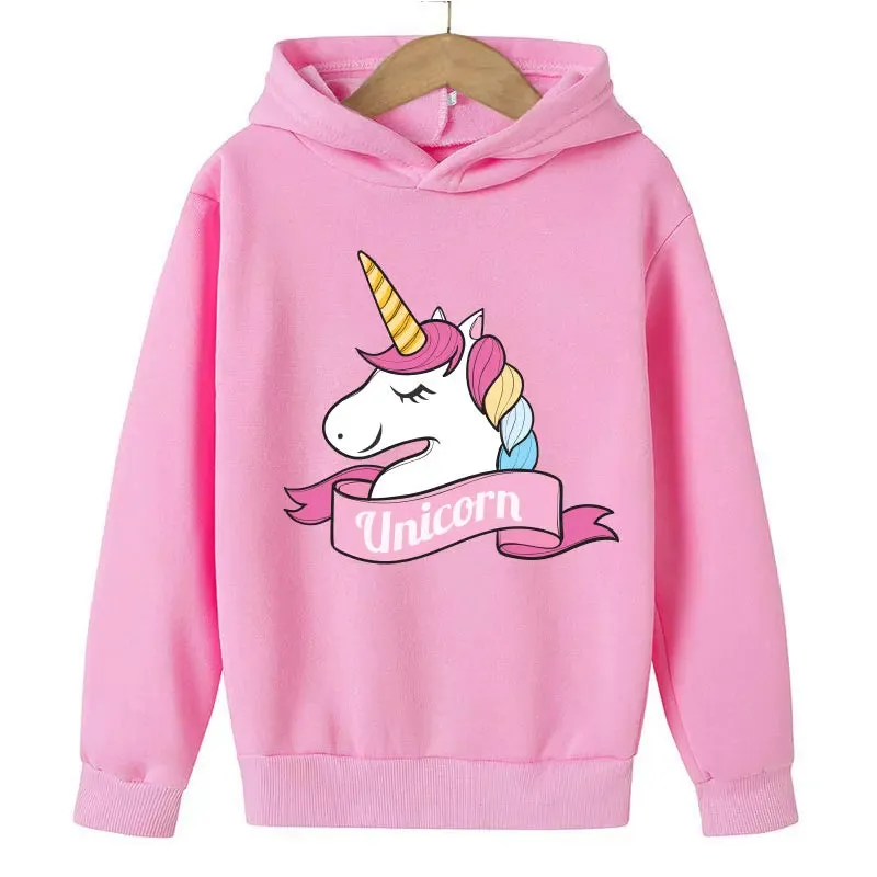 Unicorn Cartoon 2D Pattern Printing 2024 Children Girl Hooded Tops fit 4-14 years old kid Girls Causal Style Fashion Hoodies