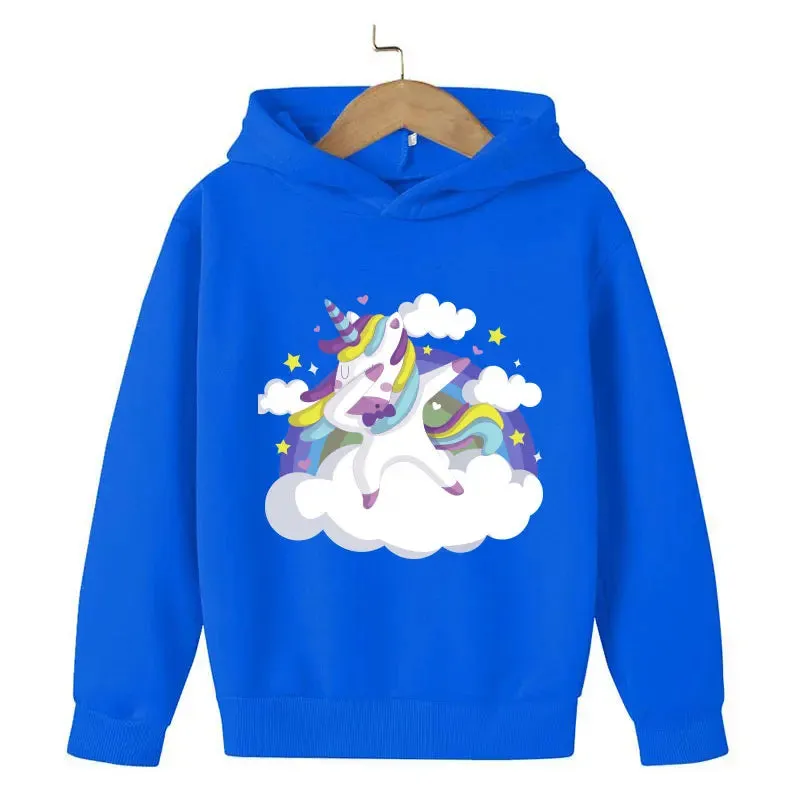 Unicorn Cartoon 2D Pattern Printing 2024 Children Girl Hooded Tops fit 4-14 years old kid Girls Causal Style Fashion Hoodies