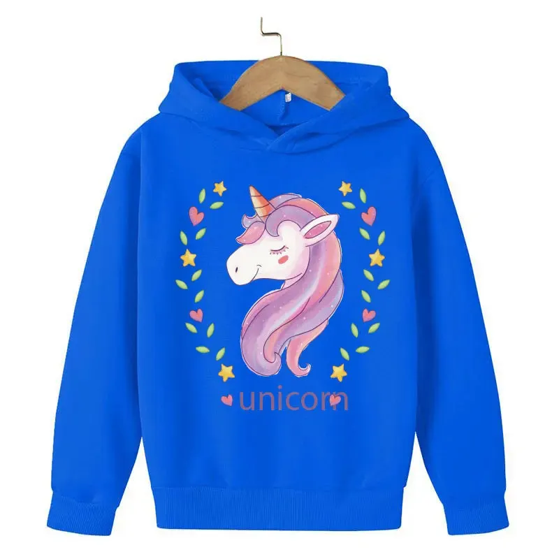 Unicorn Cartoon 2D Pattern Printing 2024 Children Girl Hooded Tops fit 4-14 years old kid Girls Causal Style Fashion Hoodies