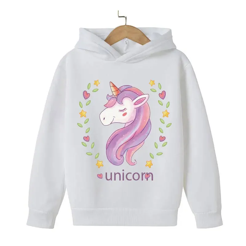 Unicorn Cartoon 2D Pattern Printing 2024 Children Girl Hooded Tops fit 4-14 years old kid Girls Causal Style Fashion Hoodies